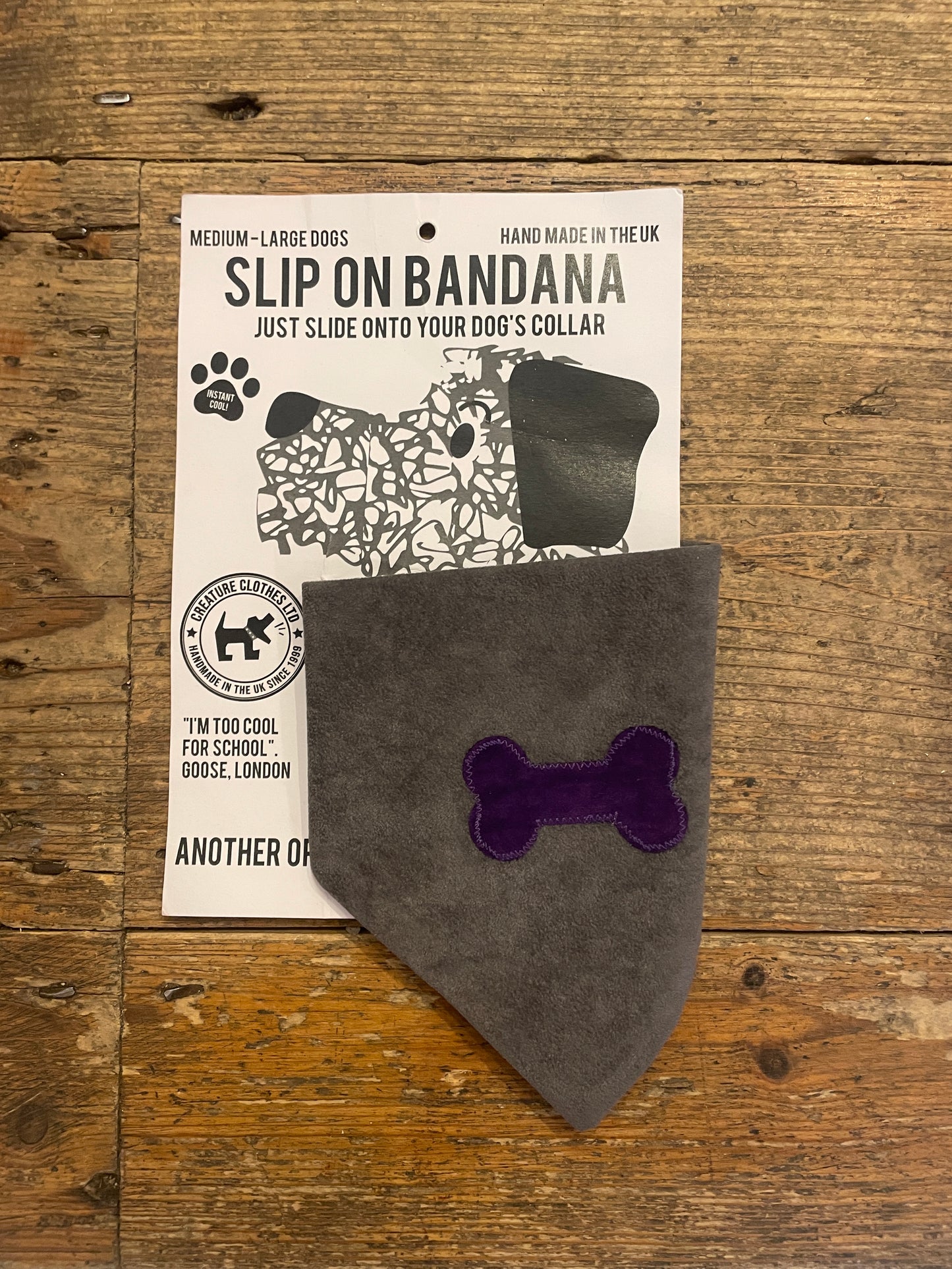 SALE - Slip on Dog Bandana in Grey Faux Suede with Purple Appliqué Bone