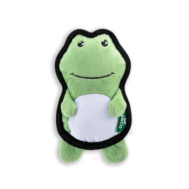 Green plush toy with a white belly on a white background