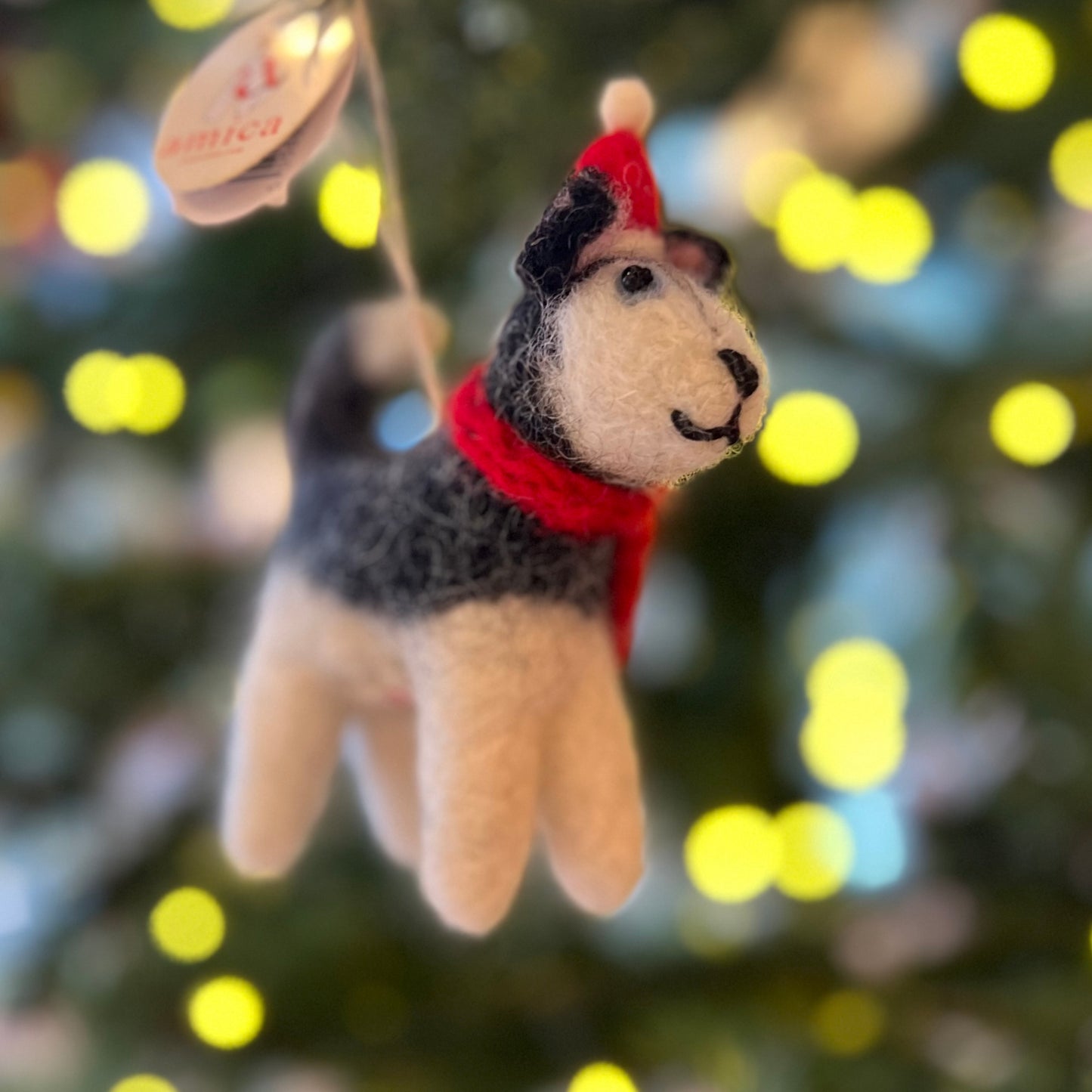 Husky wearing a Hat & Scarf Christmas Decoration by Amica Felt