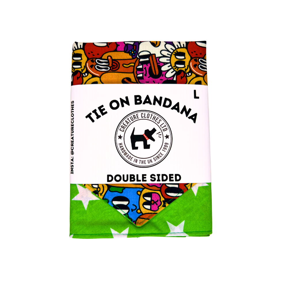 Tie on Dog Bandana - Big Green Stars and Cartoon Print