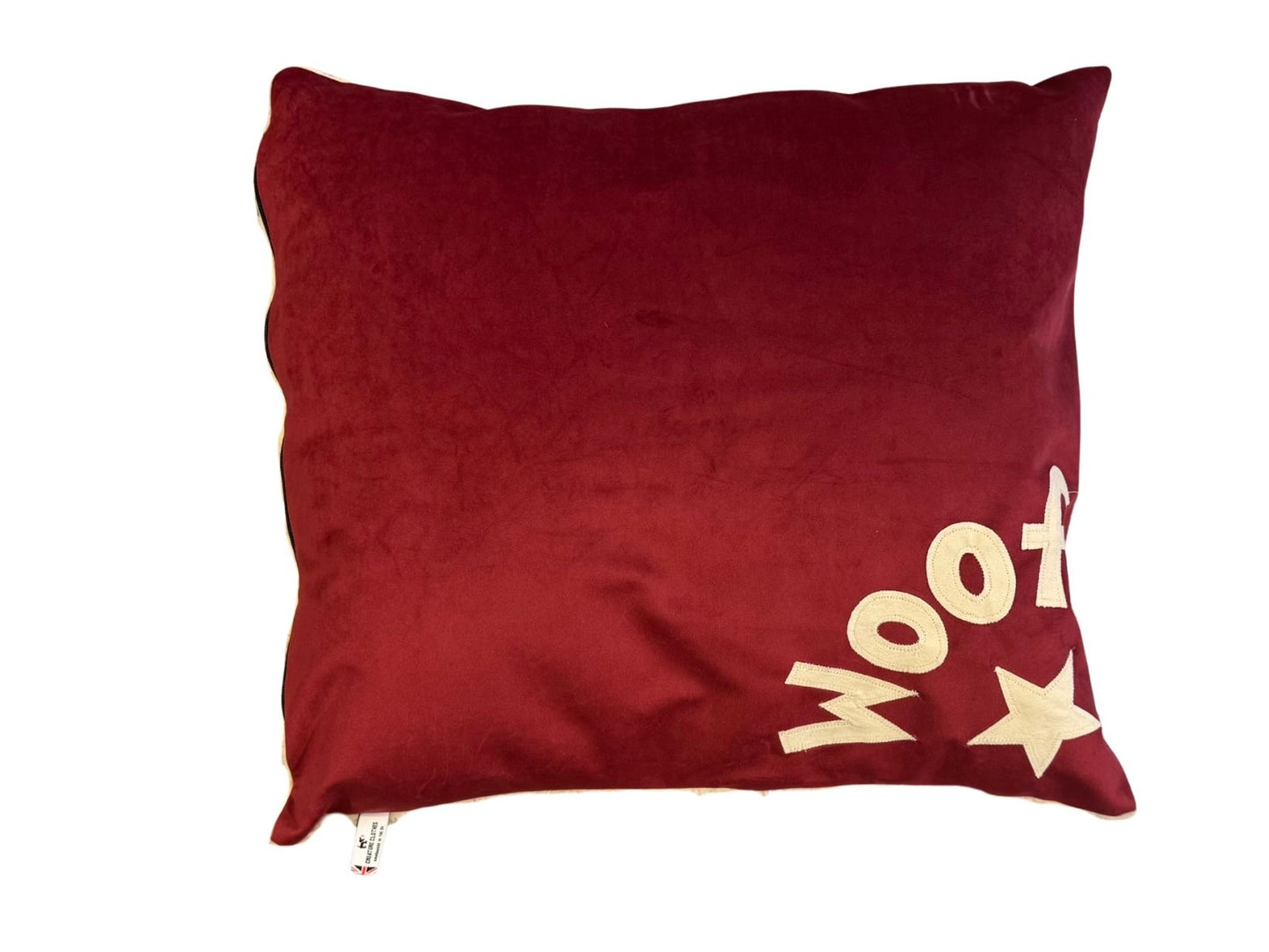 Dog Bed in Cranberry Velvet with Cream Corner Woof