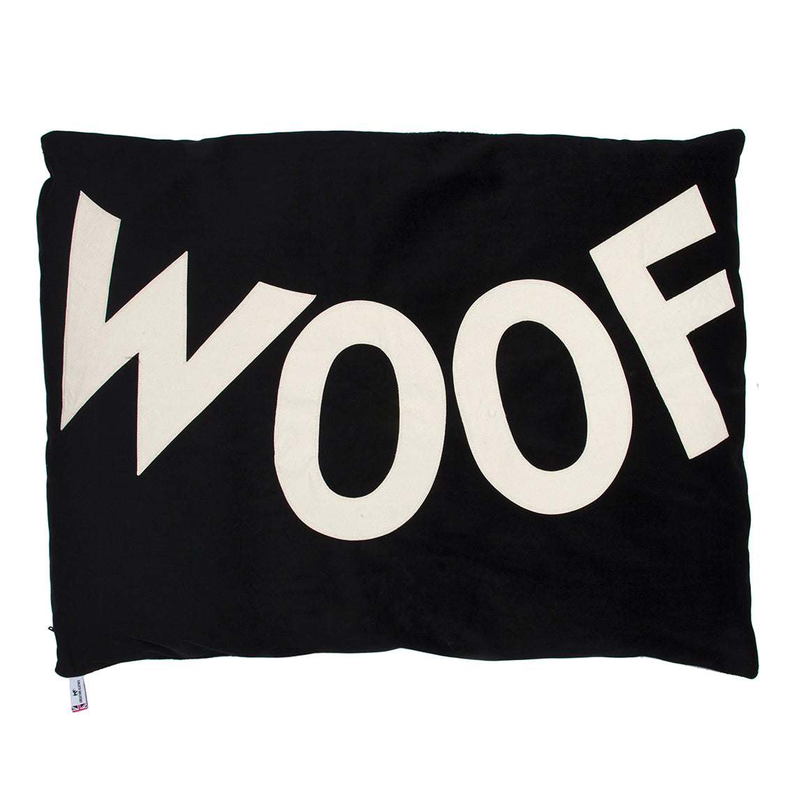 black velvet dog bed, dog bed with Big Woof, Black Velvet dog bed with White Woof Letters, Creature Clothes