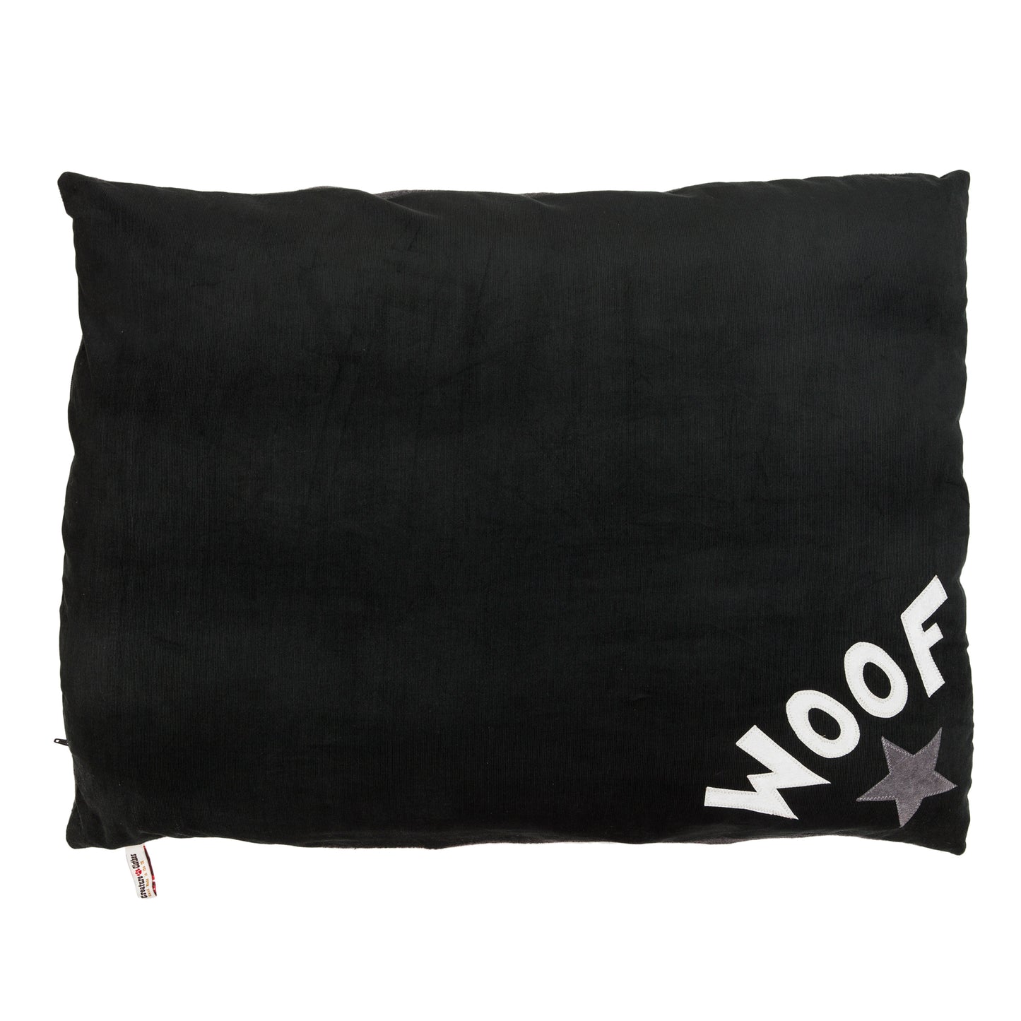 Dog bed in charcoal black, grey and silver in our WOOF design, Creature Clothes