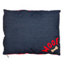 Dog bed in denim with red WOOF letters and tan bone design