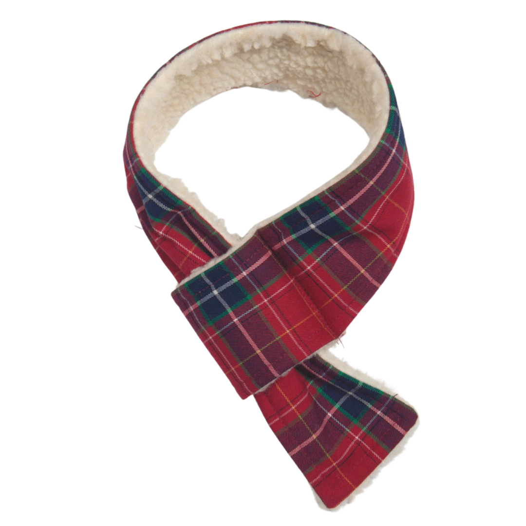 dog scarves, red tartan dog scarf, scarves for dogs, Sherpa fleece dog scarf, Creature Clothes fleece dog scarf