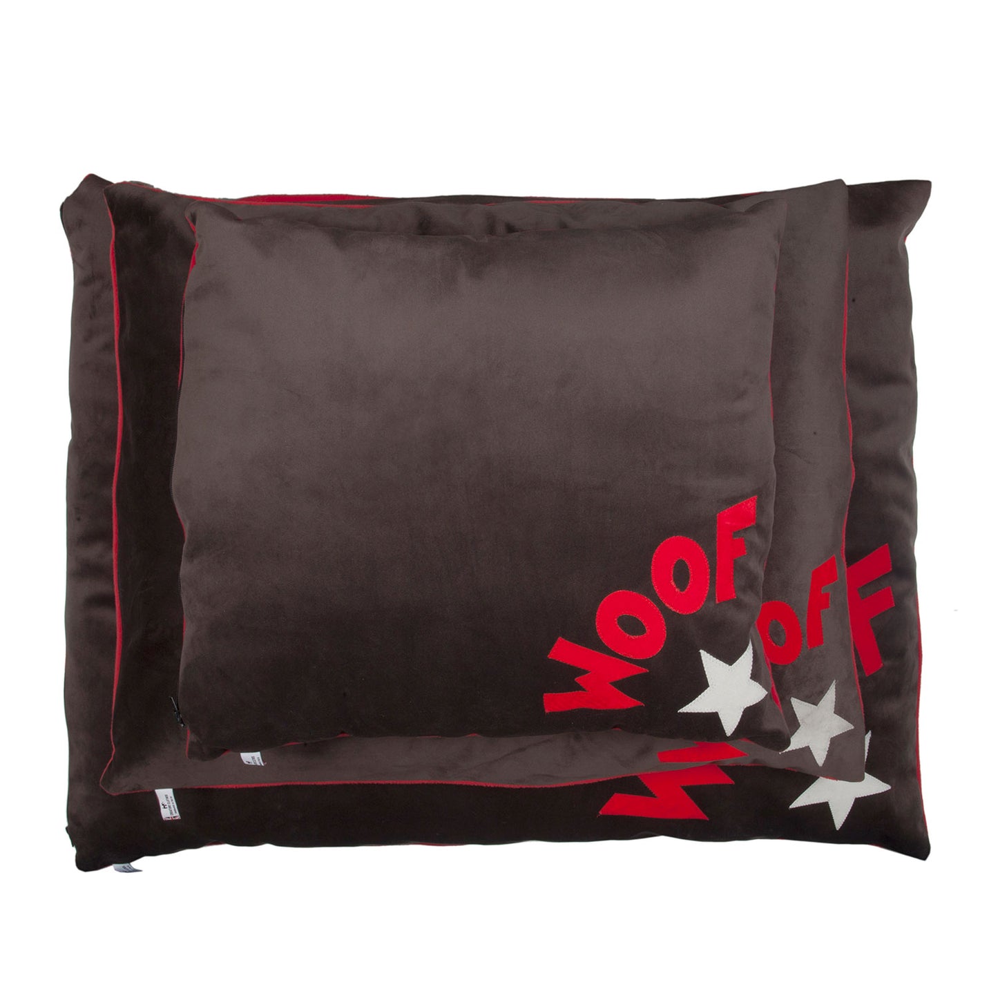 Dog Bed in Chocolate Brown Velvet with Red Corner Woof