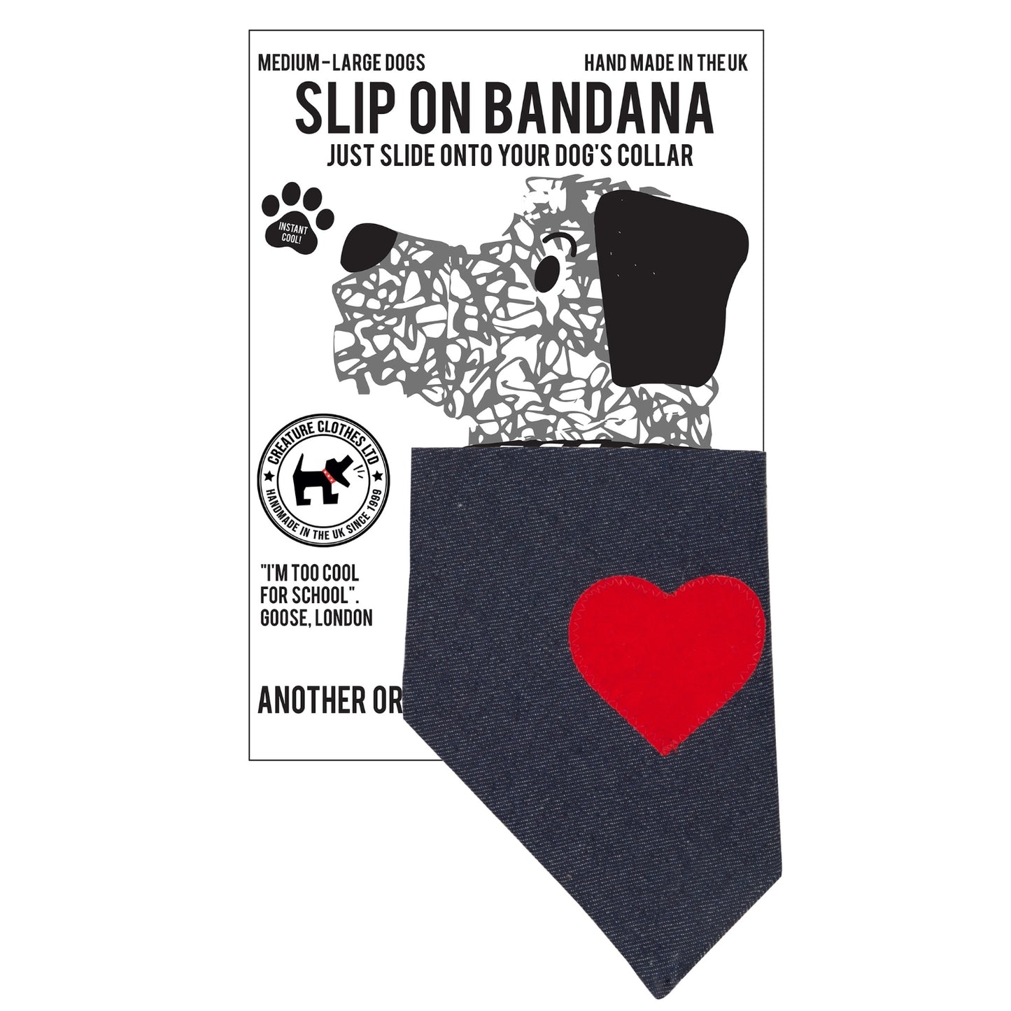 dog bandana, bandanas for dogs, red heart on denim design, dog bandana, slip on collar dog bandana, bandanas for dog collars, Creature Clothes