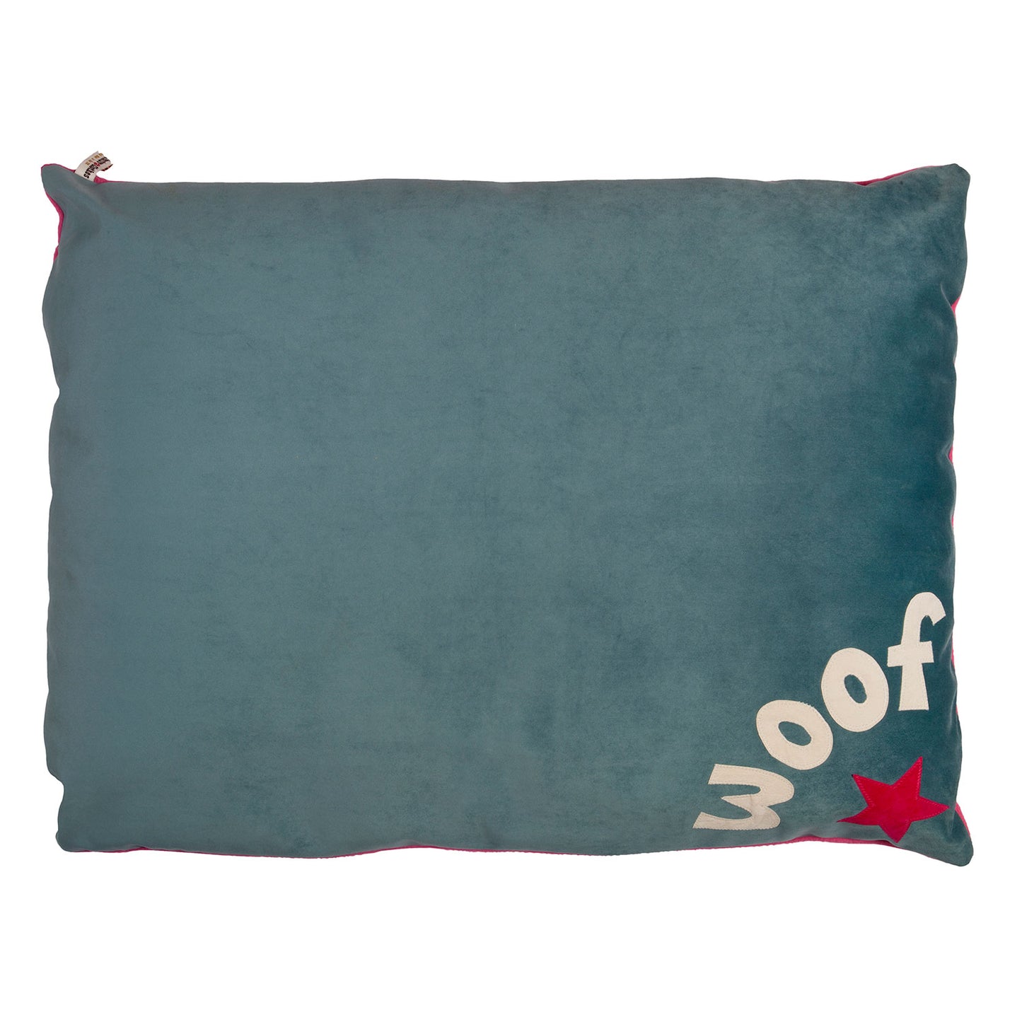 duck egg blue velvet dog bed with WOOF design, Creature Clothes
