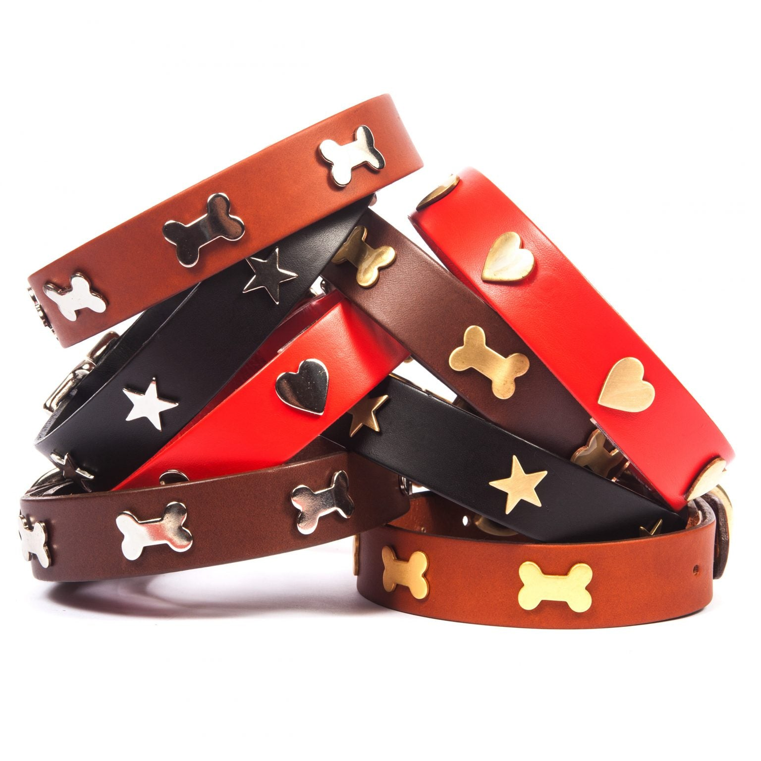 Black hand made leather dog collar with brass heart studs and in sizes 0-6.  