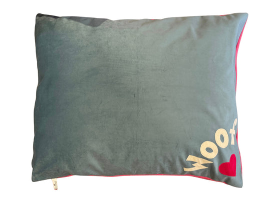 Dog Bed in Duck Egg Velvet with Cream Corner Woof and Heart