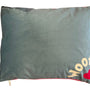 Dog Bed in Duck Egg Velvet with Cream Corner Woof and Heart