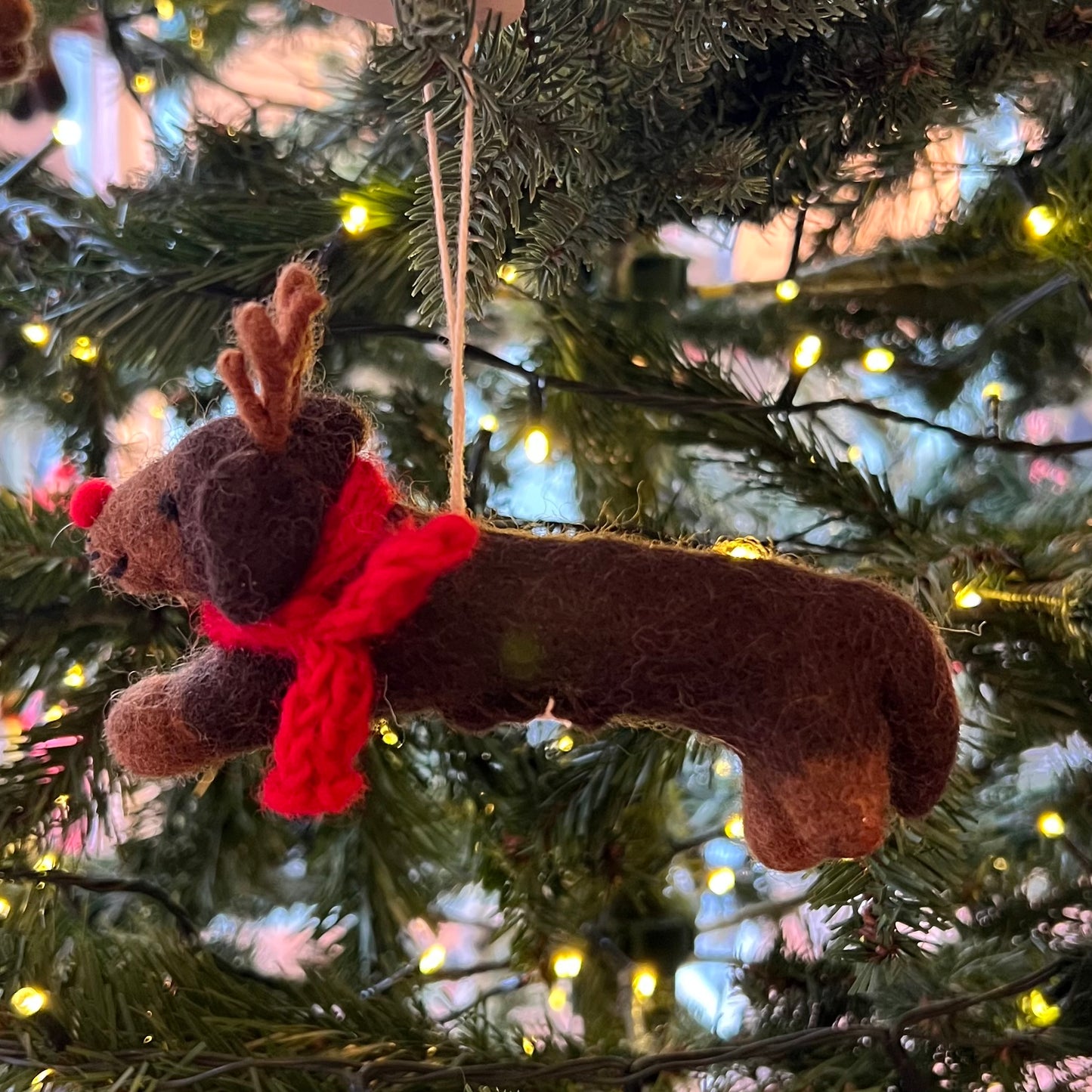 Sausage Dog Daxie with Antlers. Christmas Decoration by Amica Felt