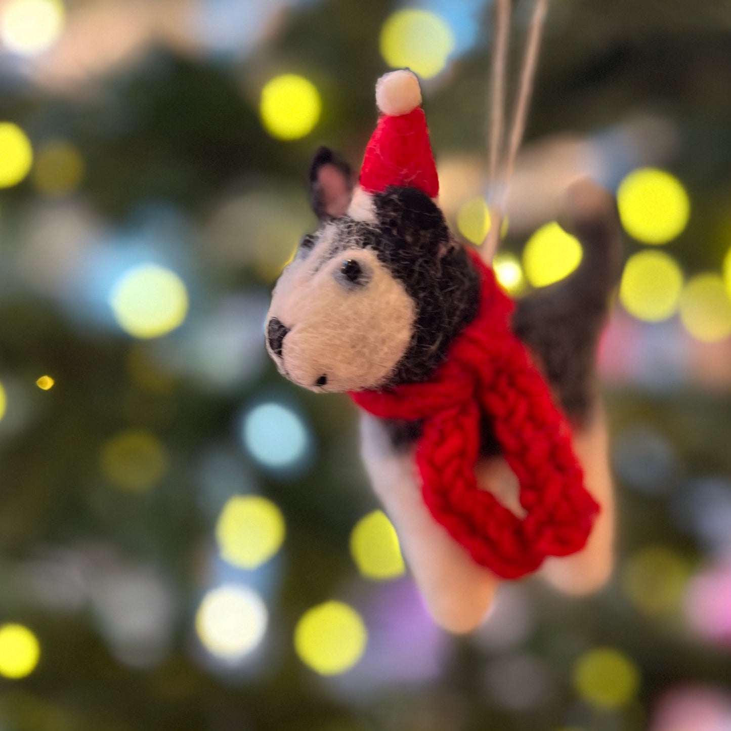 Husky wearing a Hat & Scarf Christmas Decoration by Amica Felt