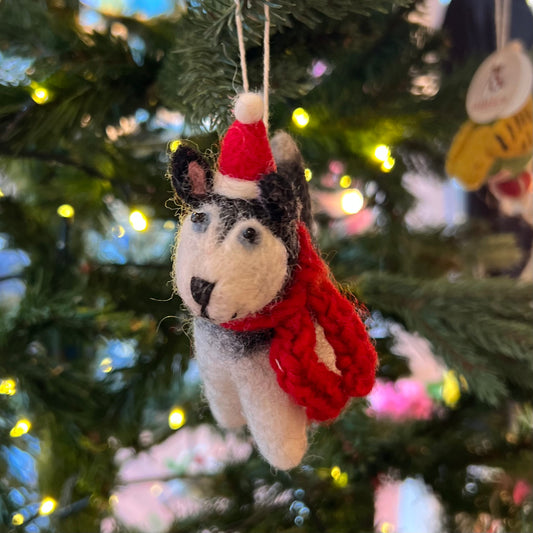 Husky wearing a Hat & Scarf Christmas Decoration by Amica Felt