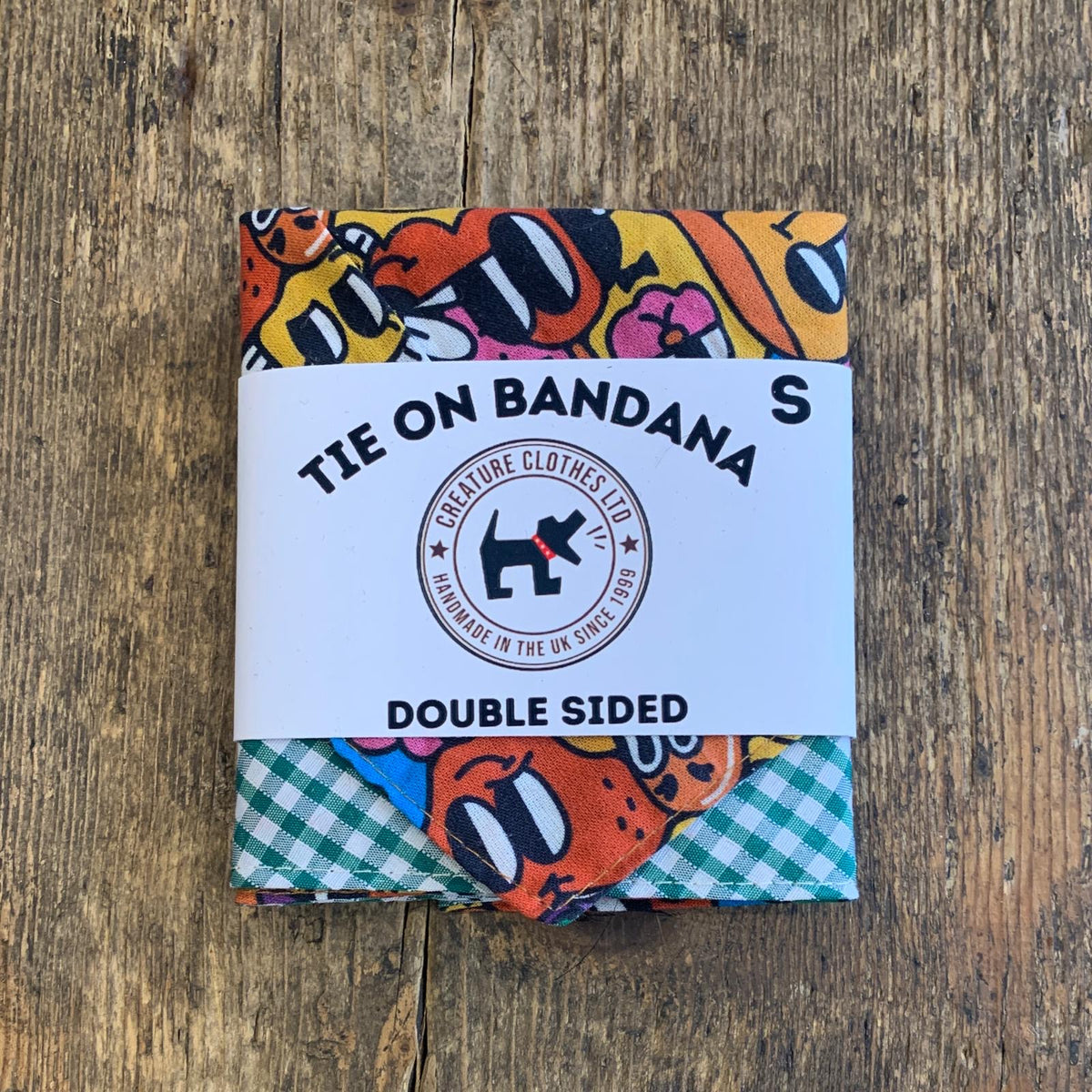 Tie on Dog Bandana - Green Gingham and Cartoon Print