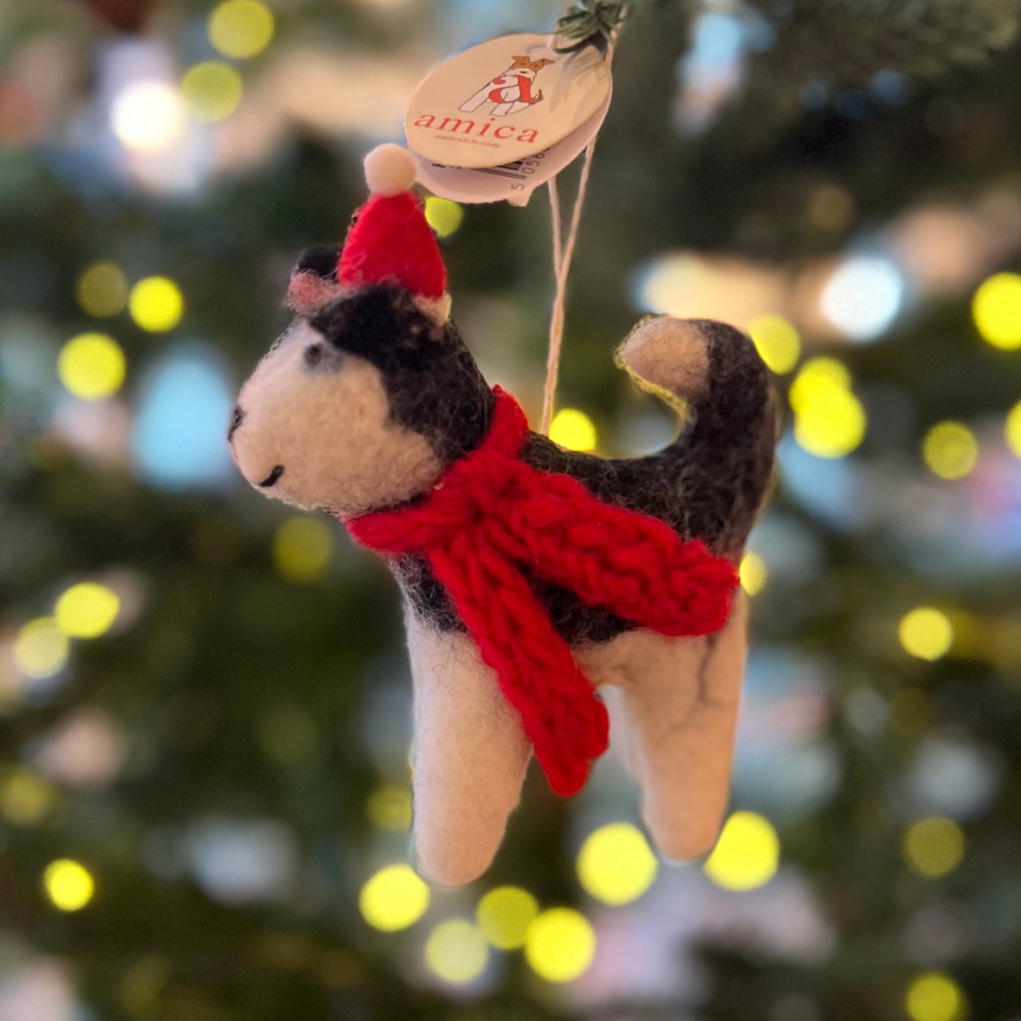 Husky wearing a Hat & Scarf Christmas Decoration by Amica Felt