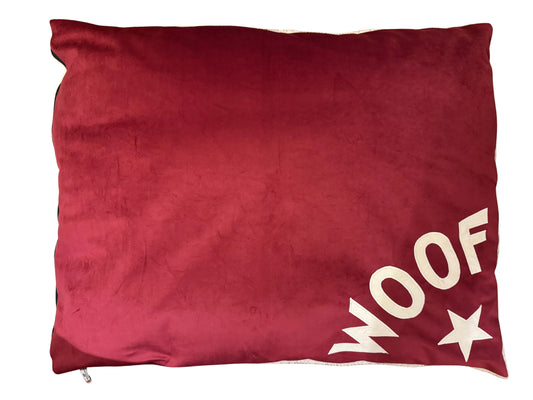Dog Bed in Cranberry Velvet with Cream Corner Woof