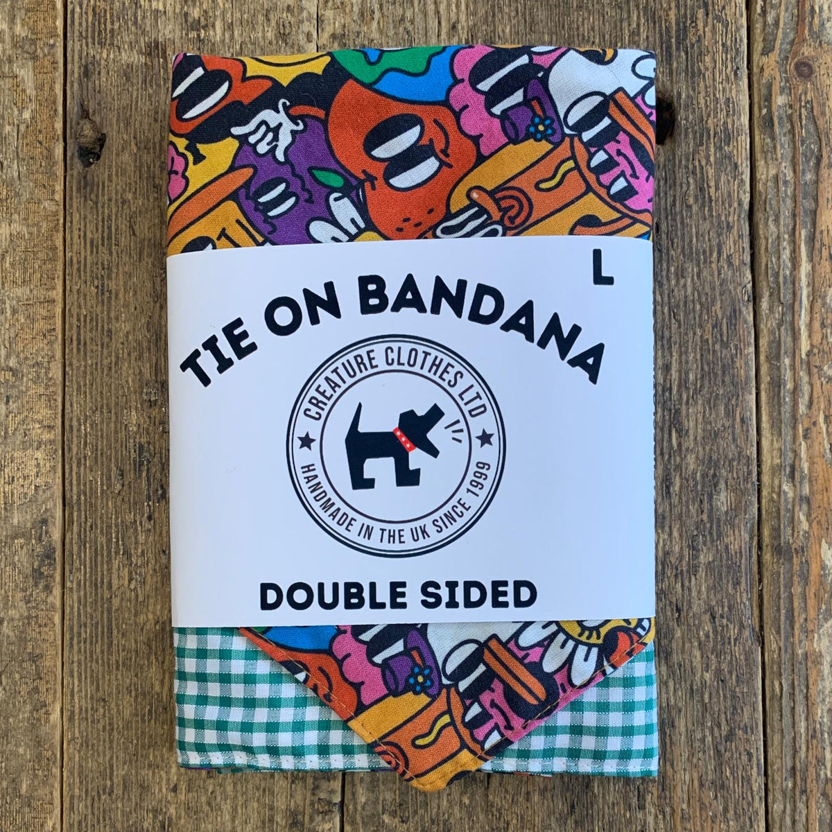 Tie on Dog Bandana - Green Gingham and Cartoon Print