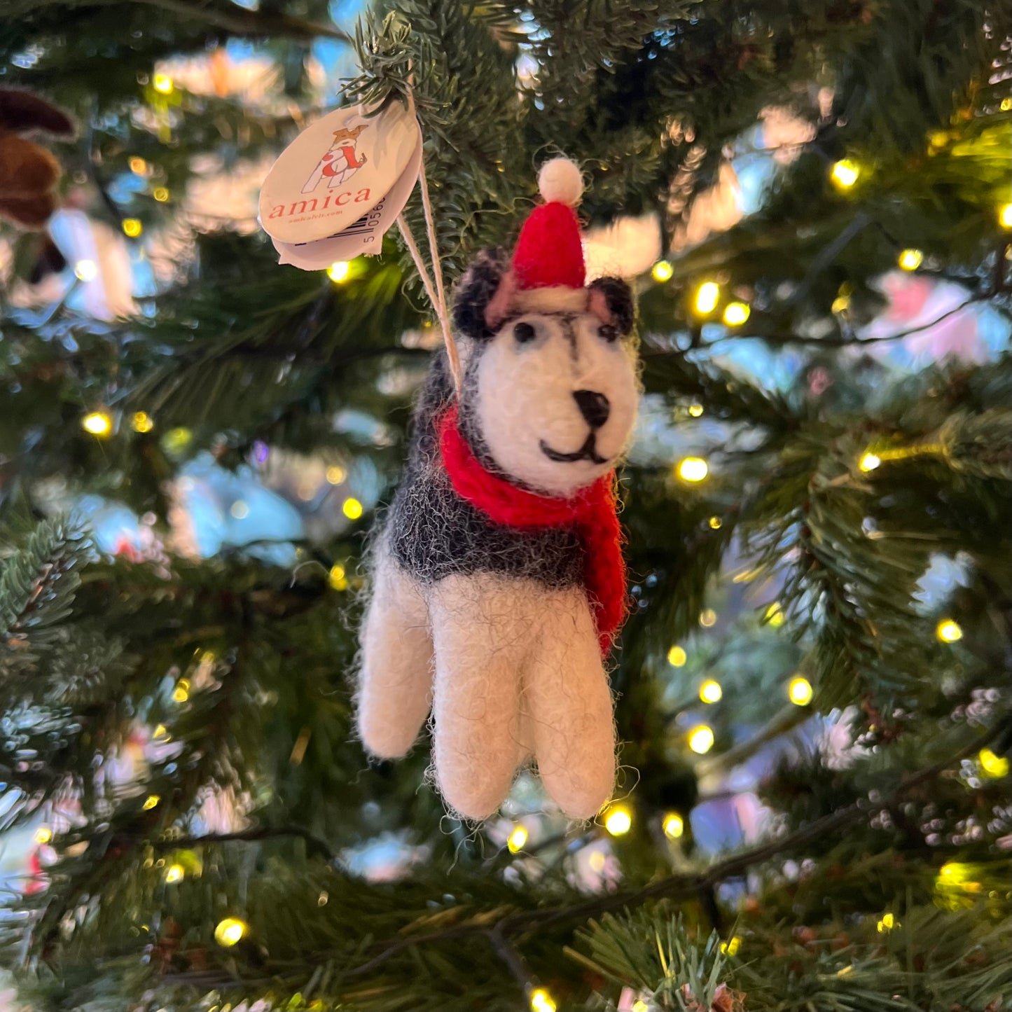 Husky wearing a Hat & Scarf Christmas Decoration by Amica Felt