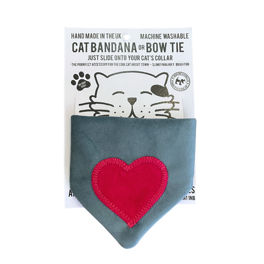 Cat Bandana with Applique Pink Heart on Duck Egg Velvet