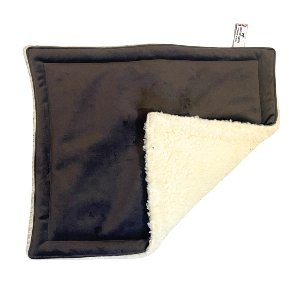 Padded travel blanket for dogs and cats. Chocolate brown velvet and sherpa