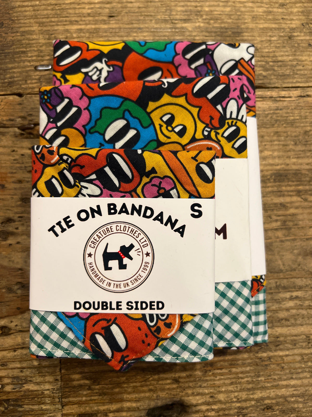 Tie on Dog Bandana - Green Gingham and Cartoon Print