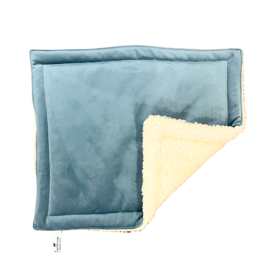 Padded travel blanket for dogs and cats. Duck egg blue velvet and sherpa