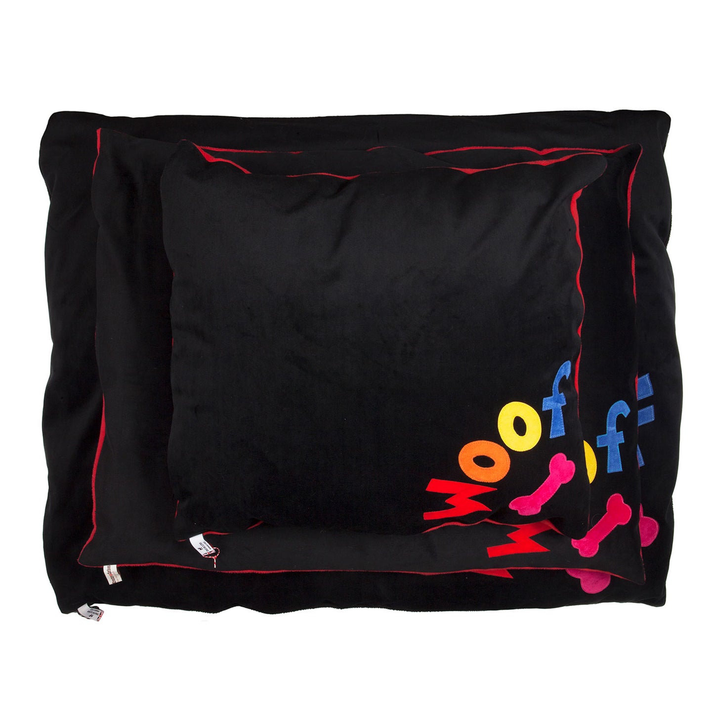Dog Bed in Black Velvet with Rainbow Corner Woof