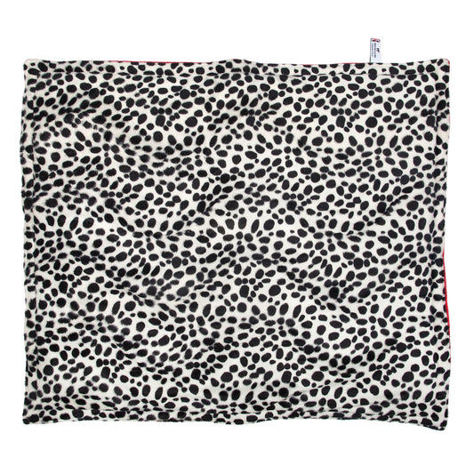 Padded travel blanket for dogs and cats. Dalmatian faux fur and red polar fleece