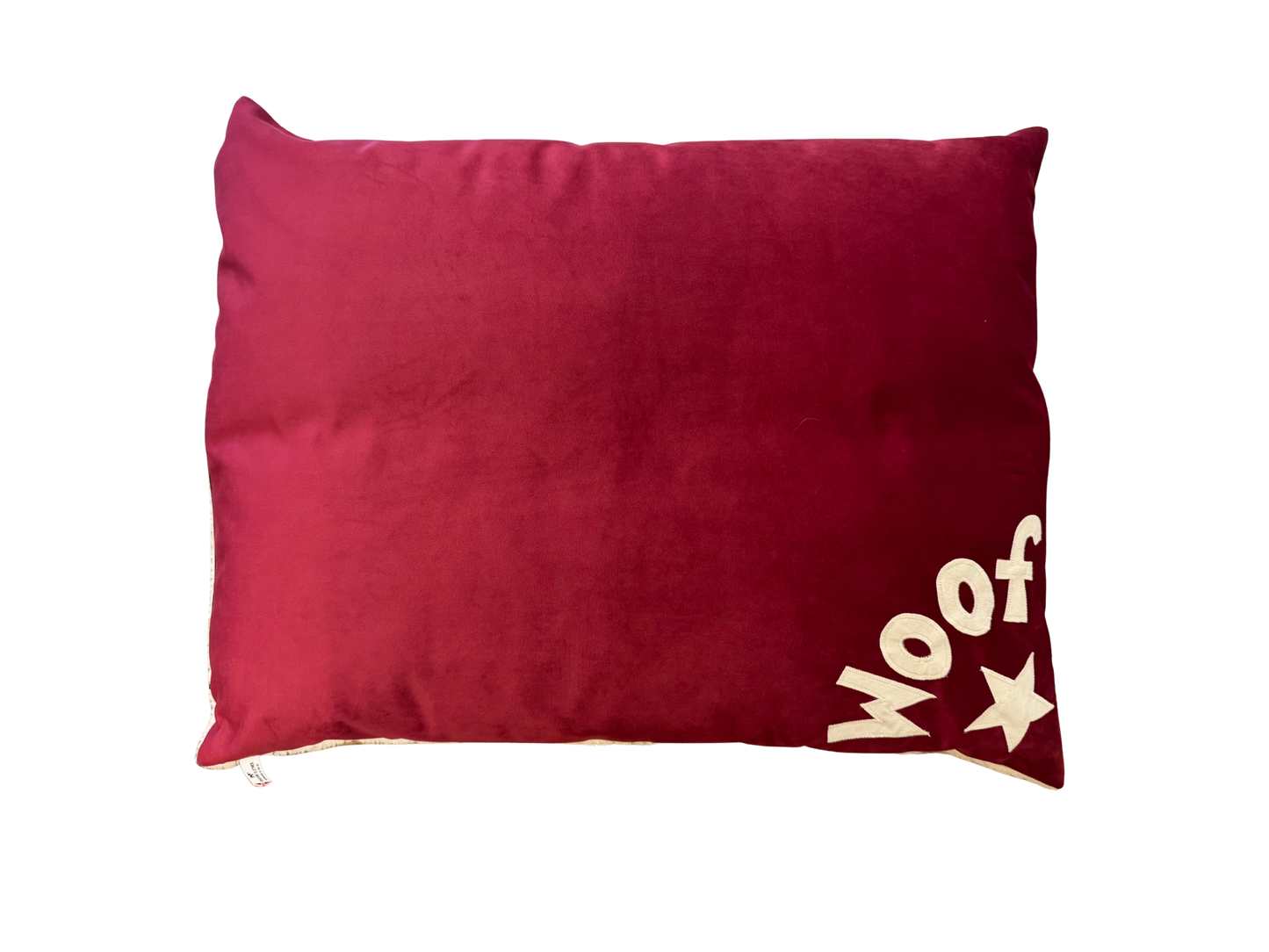 Dog Bed in Cranberry Velvet with Cream Corner Woof