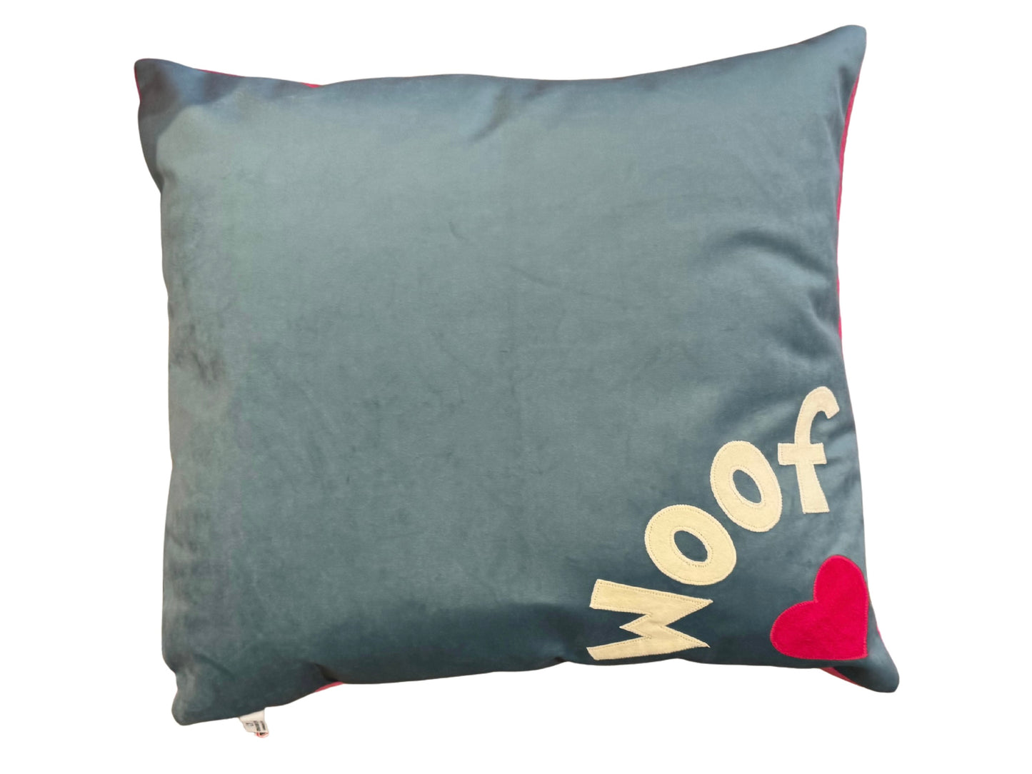 Dog Bed in Duck Egg Velvet with Cream Corner Woof and Heart
