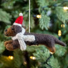 Sausage Dog with Hat & Scarf Christmas Decoration by Amica Felt