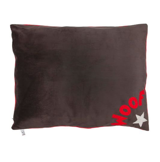 Dog Bed in Chocolate Brown Velvet with Red Corner Woof