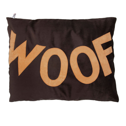 Dog Bed in Chocolate Brown Velvet with Big Tan Woof