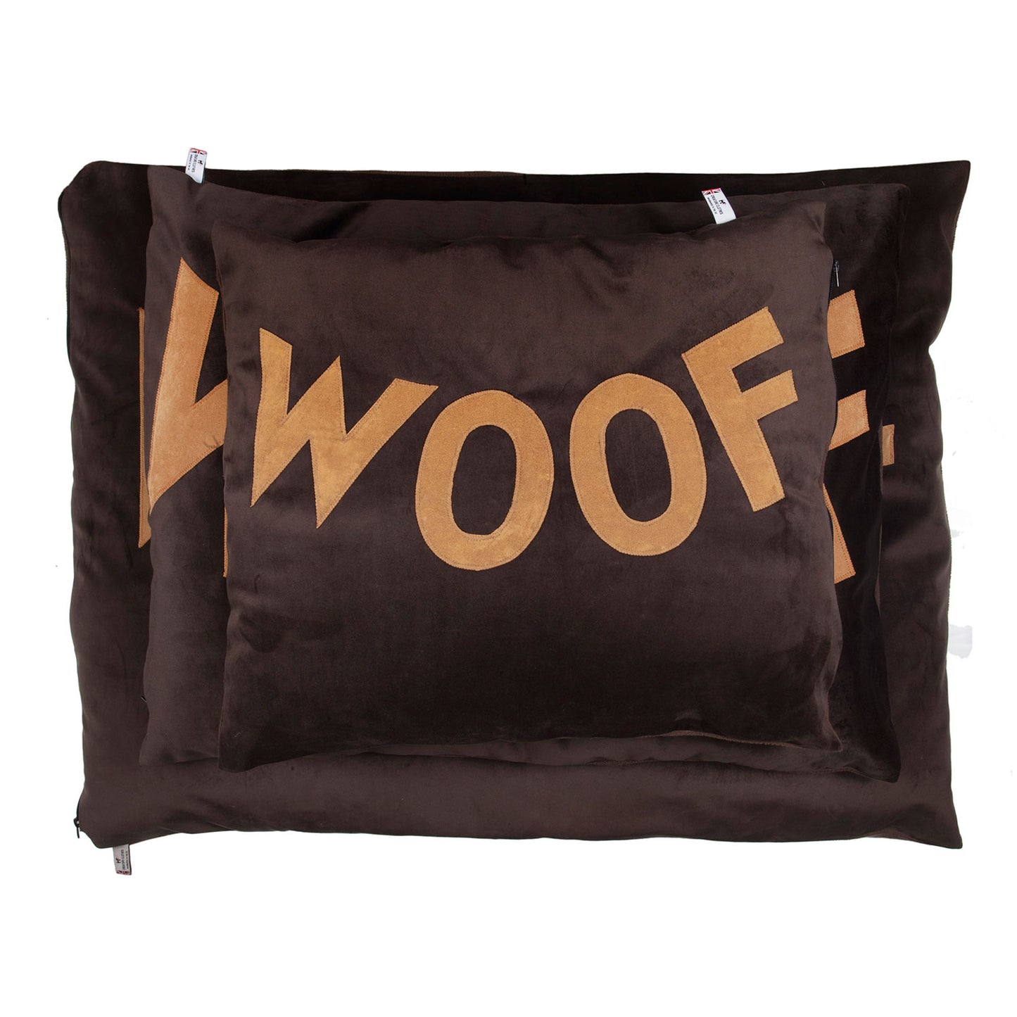 Dog Bed in Chocolate Brown Velvet with Big Tan Woof