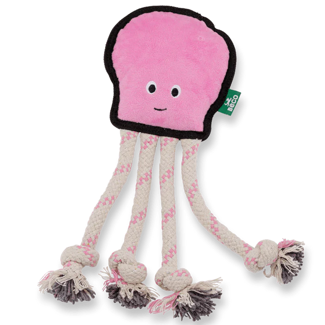 Pink octopus-shaped dog toy with rope on a white background