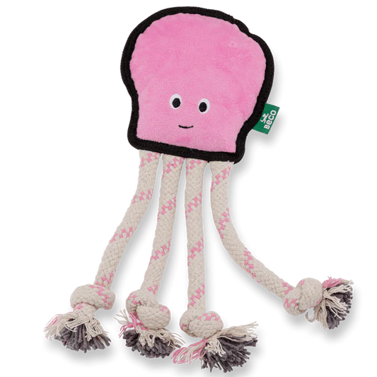 Pink octopus-shaped dog toy with rope on a white background