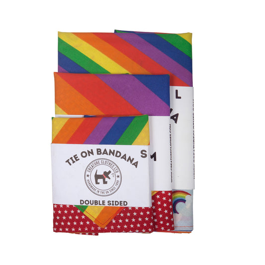 Tie on Dog Bandana - Pride Rainbow Stripe / Red Star Print
