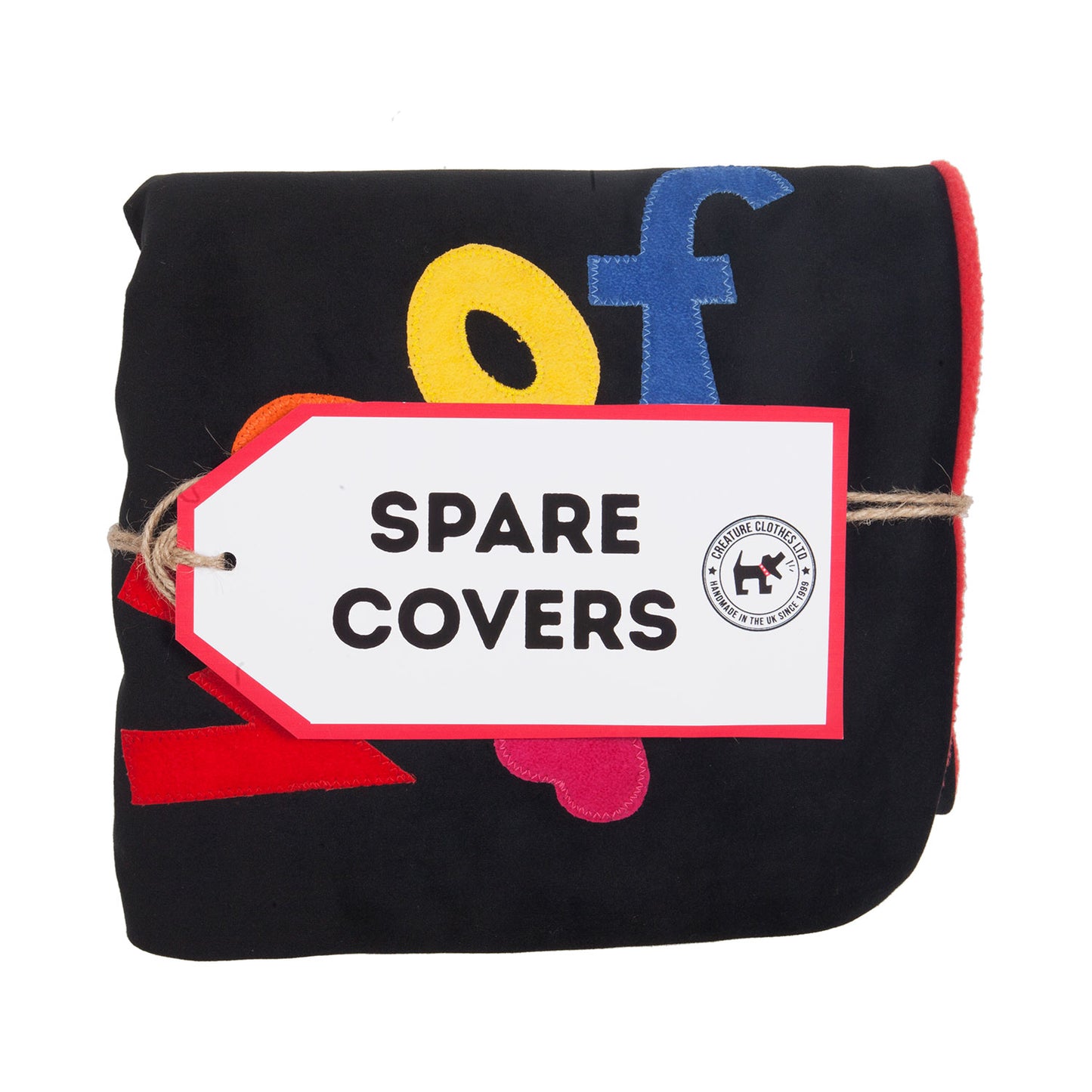 SPARE COVER to fit our dog beds in black velvet with rainbow WOOF and bone design