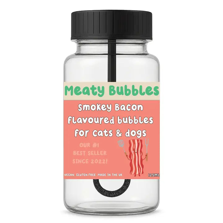 Clear jar with black lid labeled 'Meaty Bubbles Smokey Bacon Flavoured bubbles for cats & dogs' on a white background