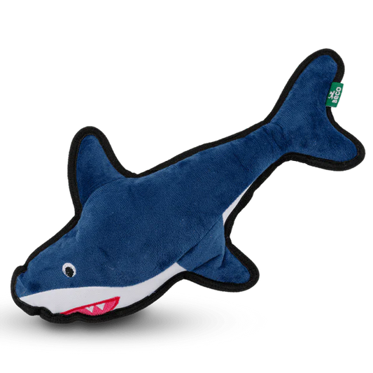 Blue shark-shaped toy with a visible brand logo on a white background