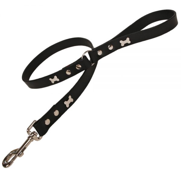 Classic Leather Dog Lead - Black with Silver Bones