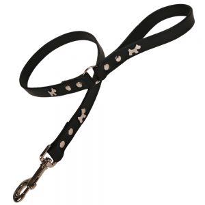 Classic Leather Dog Lead - Black with Silver Dogs
