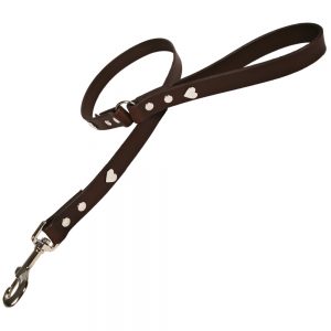 Classic Leather Dog Lead - Chocolate with Silver Hearts