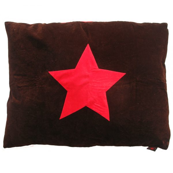 Dog Doza dog bed - red star design - on brown dog bed