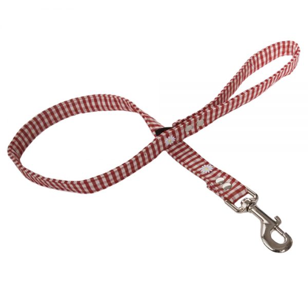Red Gingham Fabric Dog Lead  with Daisies