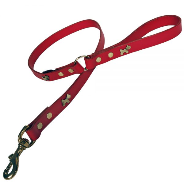 Classic Leather Dog Lead - Red with Brass Dogs
