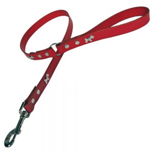 Classic Leather Dog Lead - Red with Silver Dogs