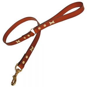 Classic Leather Dog Lead - Tan with Brass Bones