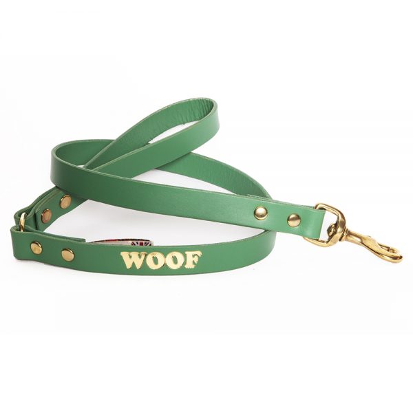 Leather Embossed WOOF Dog Lead - Jade with Gold